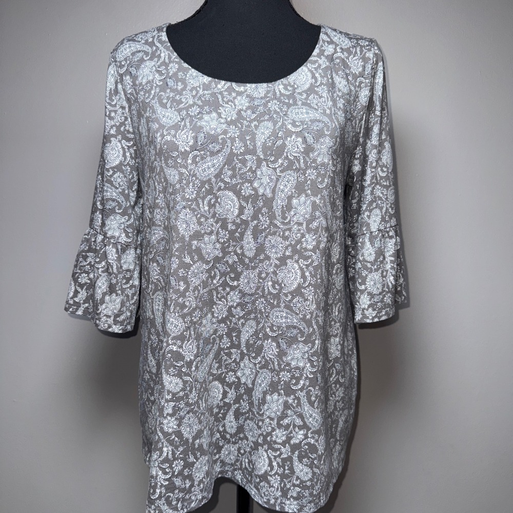 J. Jill Grey Paisley Floral Bell Sleeve Knit Top Small Scoop Neck Tunic Everyday